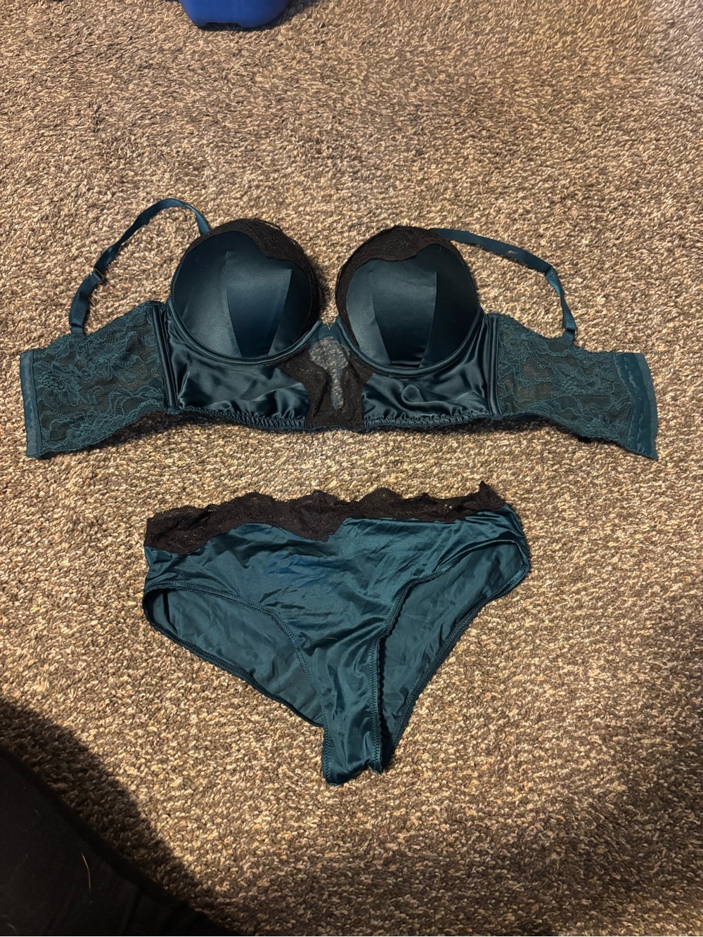 Victoria's Secret Teal Satin & Black Lace Bra and Brief Set